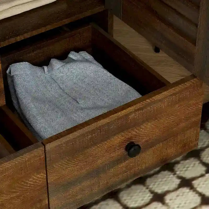 Armadio grande per camera da letto con asta appendiabiti e cassetti, bianco/marrone/legno, montaggio da 2 persone