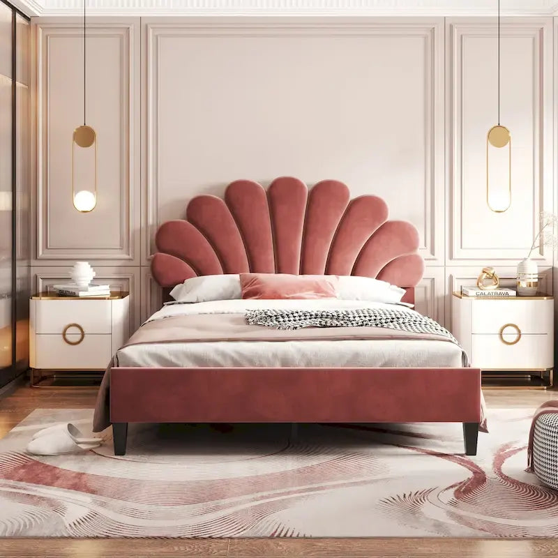 Letto Imbottito con Piattaforma in Velluto Rosso Fagiolo / Beige con Testiera a Fiori, Matrimoniale Francese/Matrimoniale