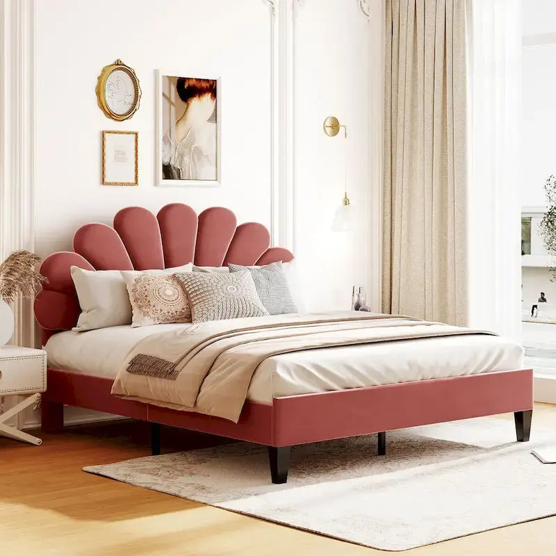 Letto Imbottito con Piattaforma in Velluto Rosso Fagiolo / Beige con Testiera a Fiori, Matrimoniale Francese/Matrimoniale