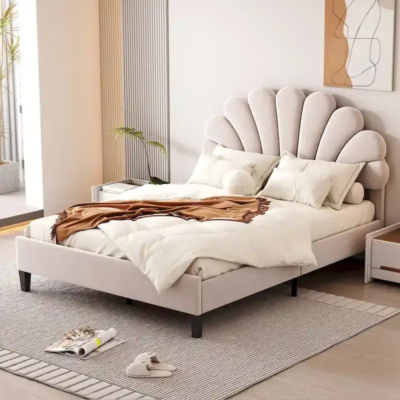 Letto Imbottito con Piattaforma in Velluto Rosso Fagiolo / Beige con Testiera a Fiori, Matrimoniale Francese/Matrimoniale