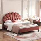 Letto Imbottito con Piattaforma in Velluto Rosso Fagiolo / Beige con Testiera a Fiori, Matrimoniale Francese/Matrimoniale