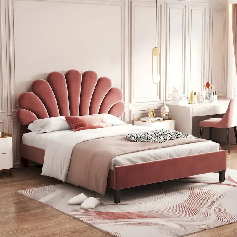 Letto Imbottito con Piattaforma in Velluto Rosso Fagiolo / Beige con Testiera a Fiori, Matrimoniale Francese/Matrimoniale