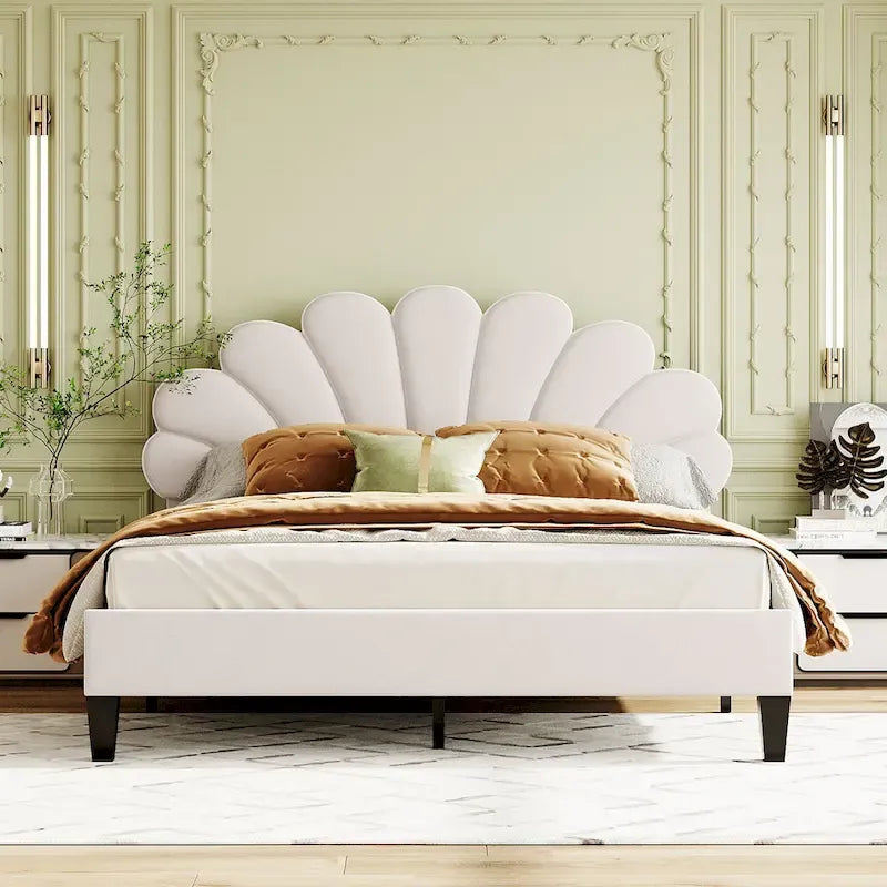 Letto Imbottito con Piattaforma in Velluto Rosso Fagiolo / Beige con Testiera a Fiori, Matrimoniale Francese/Matrimoniale