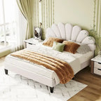 Letto Imbottito con Piattaforma in Velluto Rosso Fagiolo / Beige con Testiera a Fiori, Matrimoniale Francese/Matrimoniale