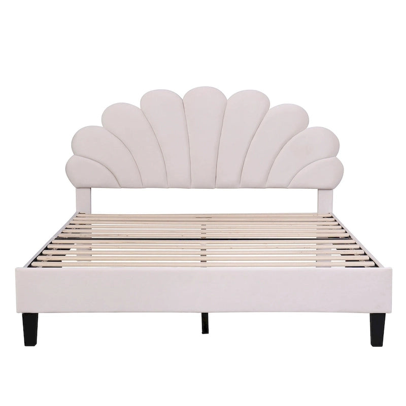 Letto Imbottito con Piattaforma in Velluto Rosso Fagiolo / Beige con Testiera a Fiori, Matrimoniale Francese/Matrimoniale
