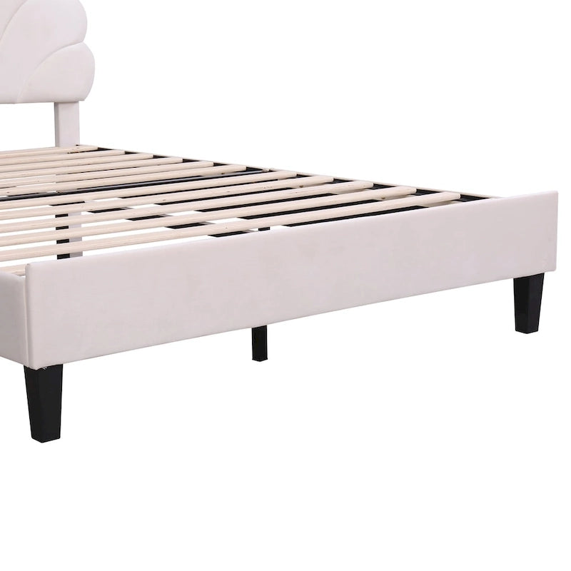 Letto Imbottito con Piattaforma in Velluto Rosso Fagiolo / Beige con Testiera a Fiori, Matrimoniale Francese/Matrimoniale