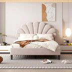 Letto Imbottito con Piattaforma in Velluto Rosso Fagiolo / Beige con Testiera a Fiori, Matrimoniale Francese/Matrimoniale