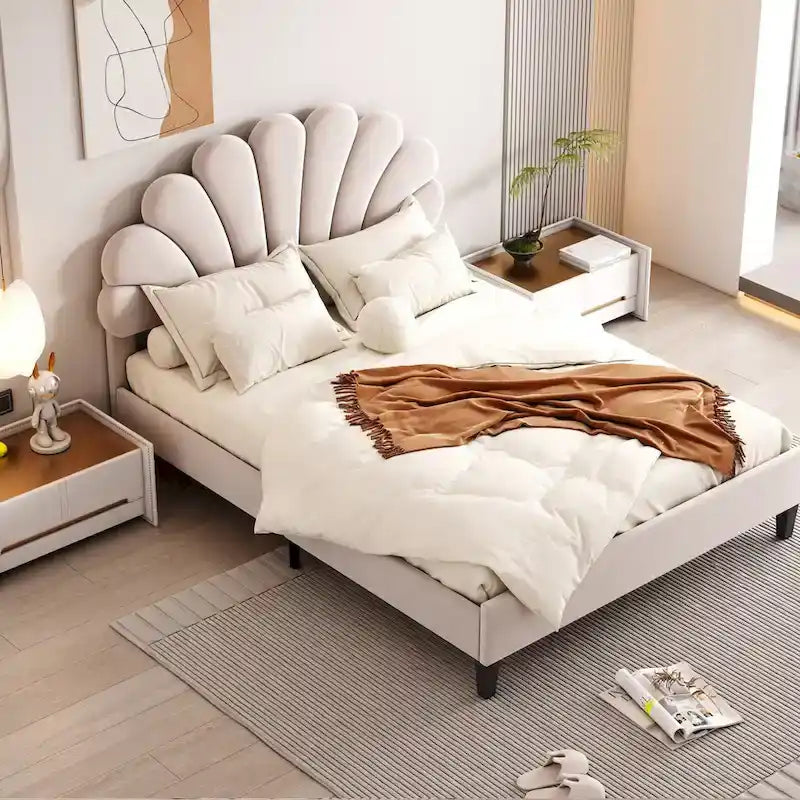 Letto Imbottito con Piattaforma in Velluto Rosso Fagiolo / Beige con Testiera a Fiori, Matrimoniale Francese/Matrimoniale
