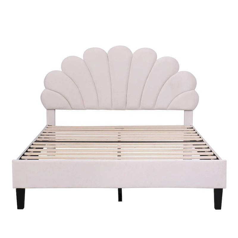 Letto Imbottito con Piattaforma in Velluto Rosso Fagiolo / Beige con Testiera a Fiori, Matrimoniale Francese/Matrimoniale