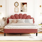 Letto Imbottito con Piattaforma in Velluto Rosso Fagiolo / Beige con Testiera a Fiori, Matrimoniale Francese/Matrimoniale