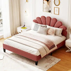 Letto Imbottito con Piattaforma in Velluto Rosso Fagiolo / Beige con Testiera a Fiori, Matrimoniale Francese/Matrimoniale