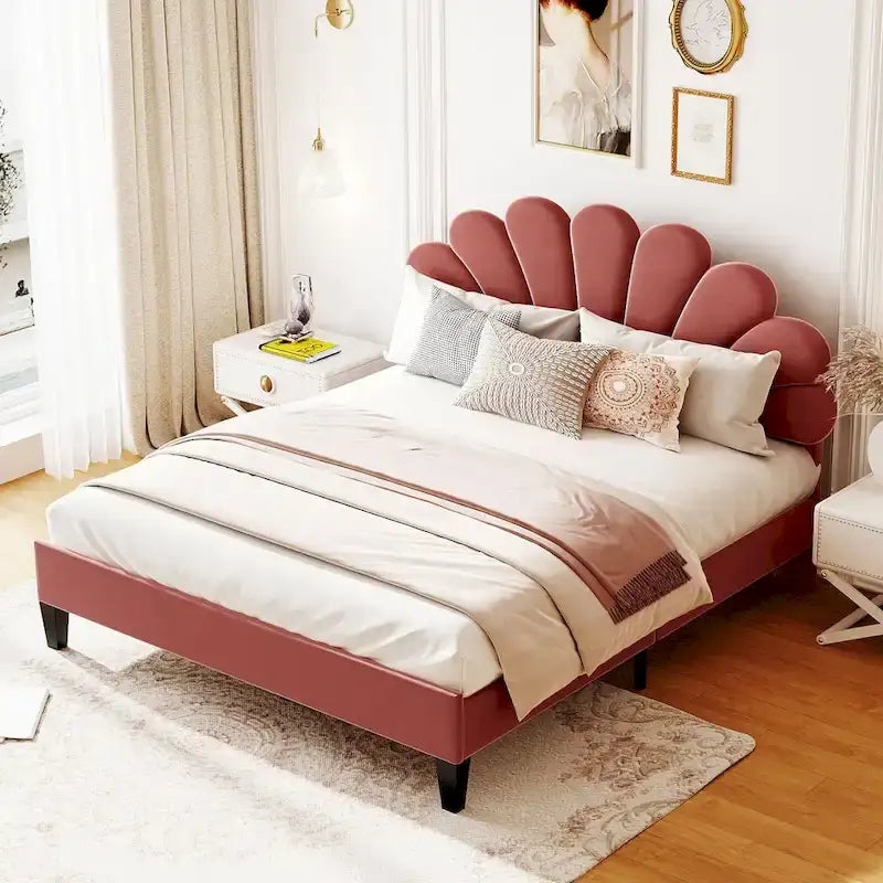 Letto Imbottito con Piattaforma in Velluto Rosso Fagiolo / Beige con Testiera a Fiori, Matrimoniale Francese/Matrimoniale