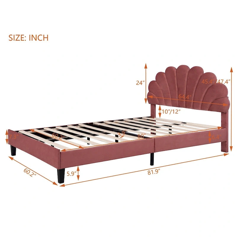 Letto Imbottito con Piattaforma in Velluto Rosso Fagiolo / Beige con Testiera a Fiori, Matrimoniale Francese/Matrimoniale