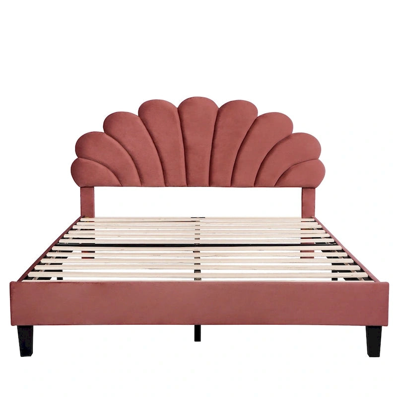 Letto Imbottito con Piattaforma in Velluto Rosso Fagiolo / Beige con Testiera a Fiori, Matrimoniale Francese/Matrimoniale