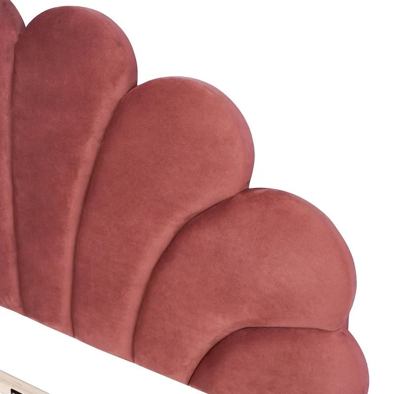 Letto Imbottito con Piattaforma in Velluto Rosso Fagiolo / Beige con Testiera a Fiori, Matrimoniale Francese/Matrimoniale