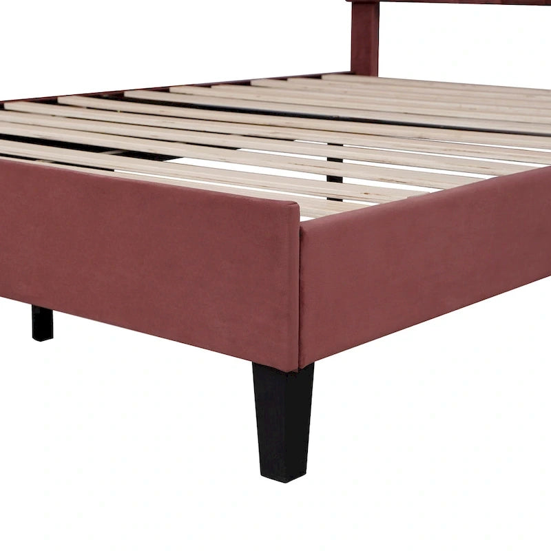 Letto Imbottito con Piattaforma in Velluto Rosso Fagiolo / Beige con Testiera a Fiori, Matrimoniale Francese/Matrimoniale