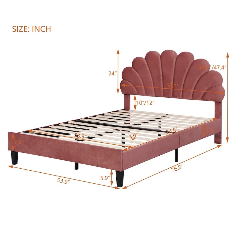 Letto Imbottito con Piattaforma in Velluto Rosso Fagiolo / Beige con Testiera a Fiori, Matrimoniale Francese/Matrimoniale