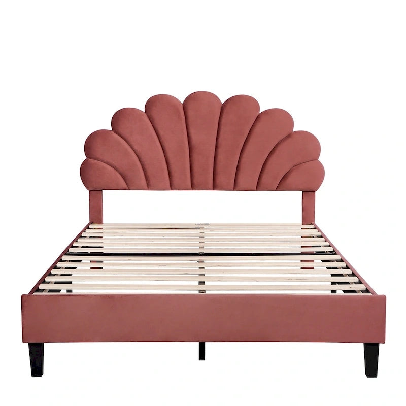 Letto Imbottito con Piattaforma in Velluto Rosso Fagiolo / Beige con Testiera a Fiori, Matrimoniale Francese/Matrimoniale