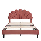 Letto Imbottito con Piattaforma in Velluto Rosso Fagiolo / Beige con Testiera a Fiori, Matrimoniale Francese/Matrimoniale