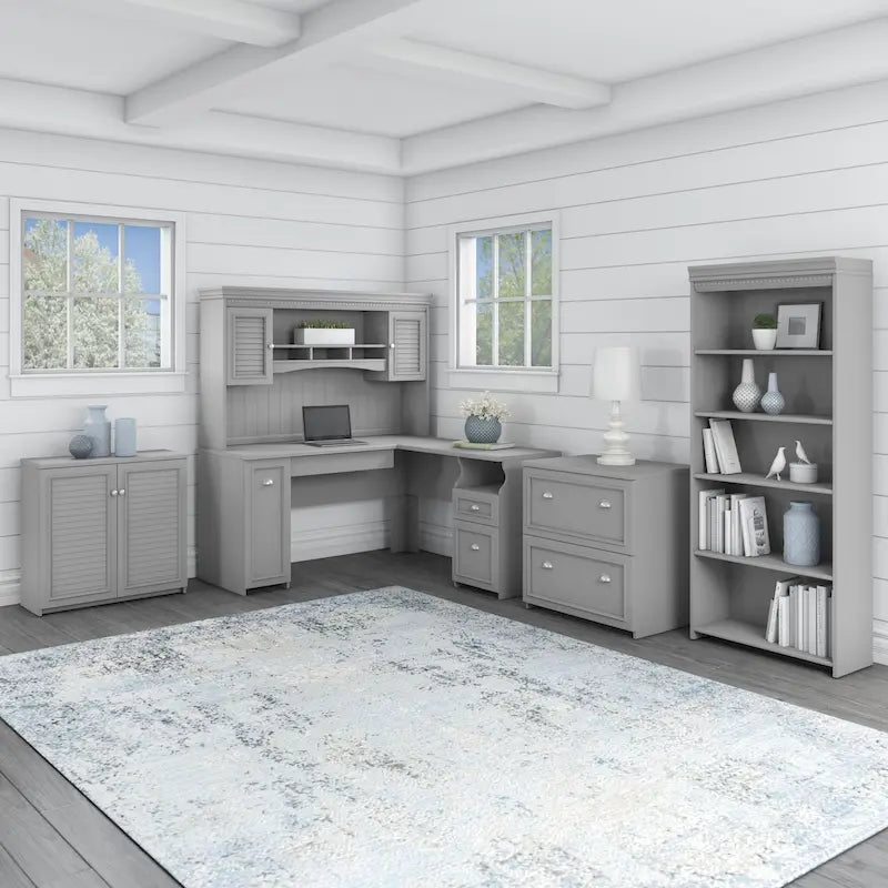 Scrivania a L multicolore con credenza e contenitore – 5 pezzi, 1 persona