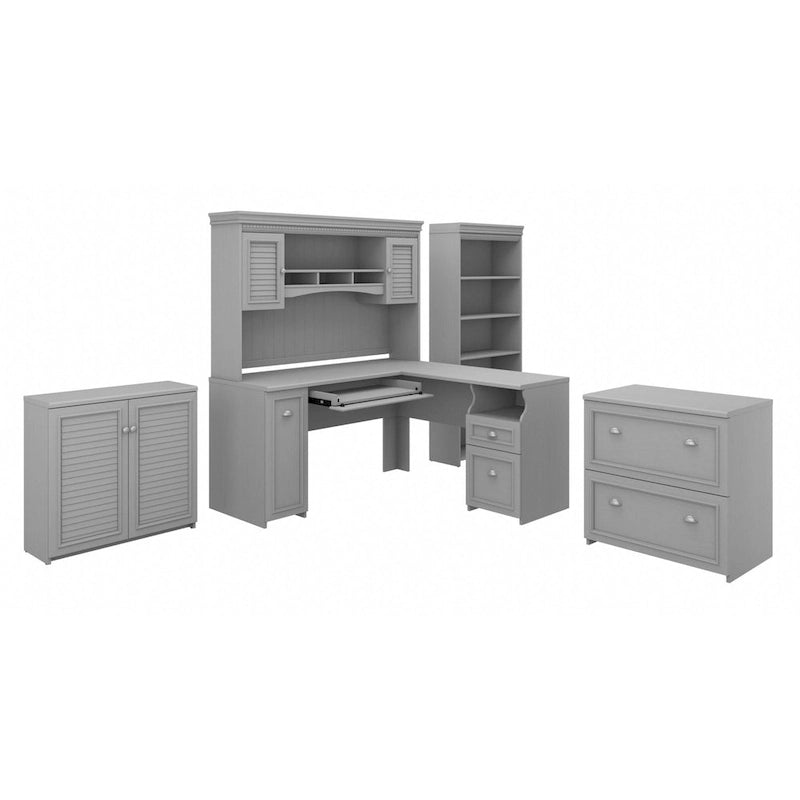 Scrivania a L multicolore con credenza e contenitore – 5 pezzi, 1 persona