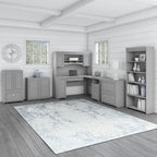 Scrivania a L multicolore con credenza e contenitore – 5 pezzi, 1 persona