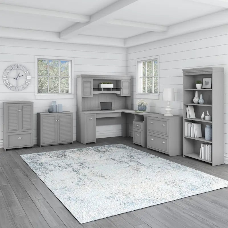 Scrivania a L multicolore con credenza e contenitore – 5 pezzi, 1 persona