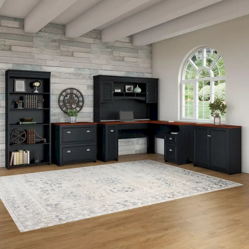Scrivania a L multicolore con credenza e contenitore – 5 pezzi, 1 persona