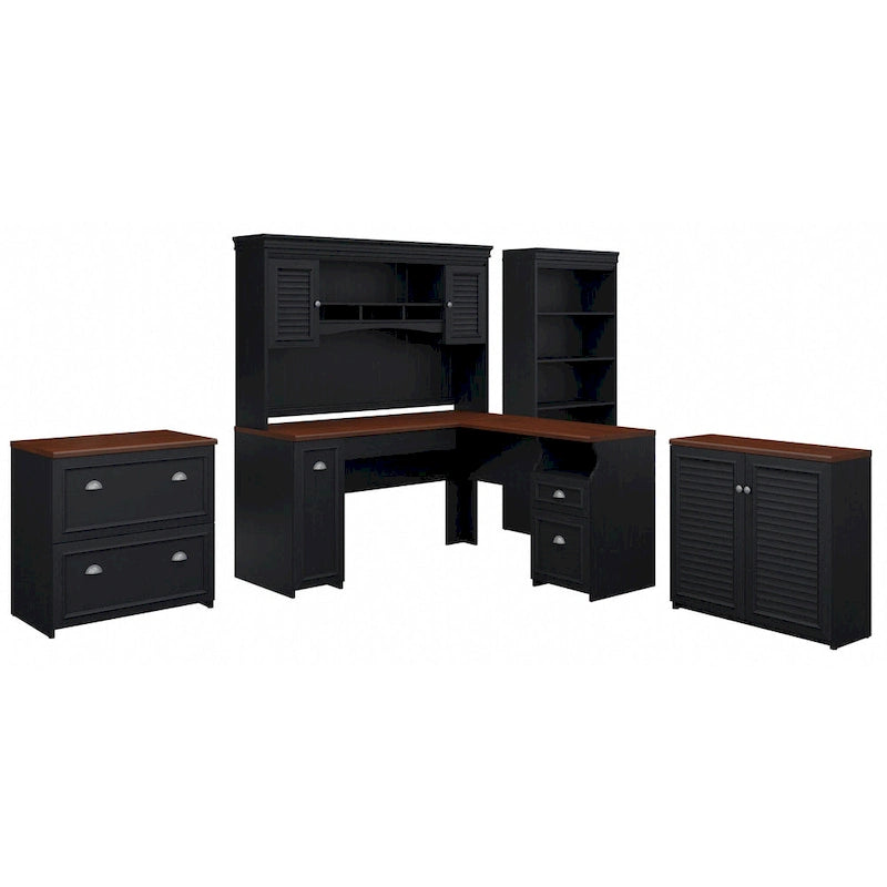 Scrivania a L multicolore con credenza e contenitore – 5 pezzi, 1 persona