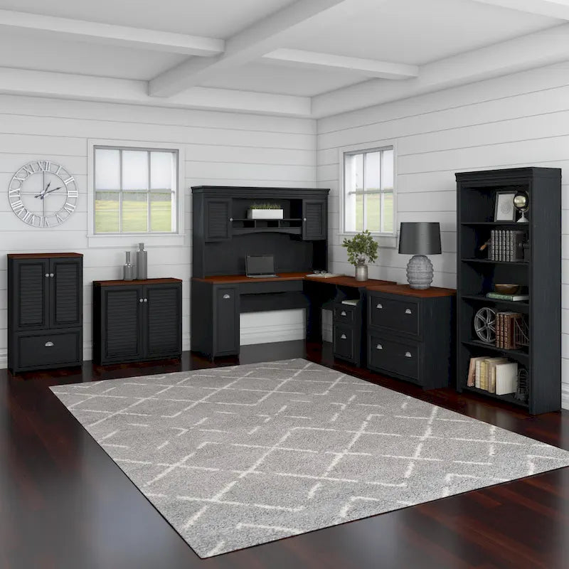Scrivania a L multicolore con credenza e contenitore – 5 pezzi, 1 persona
