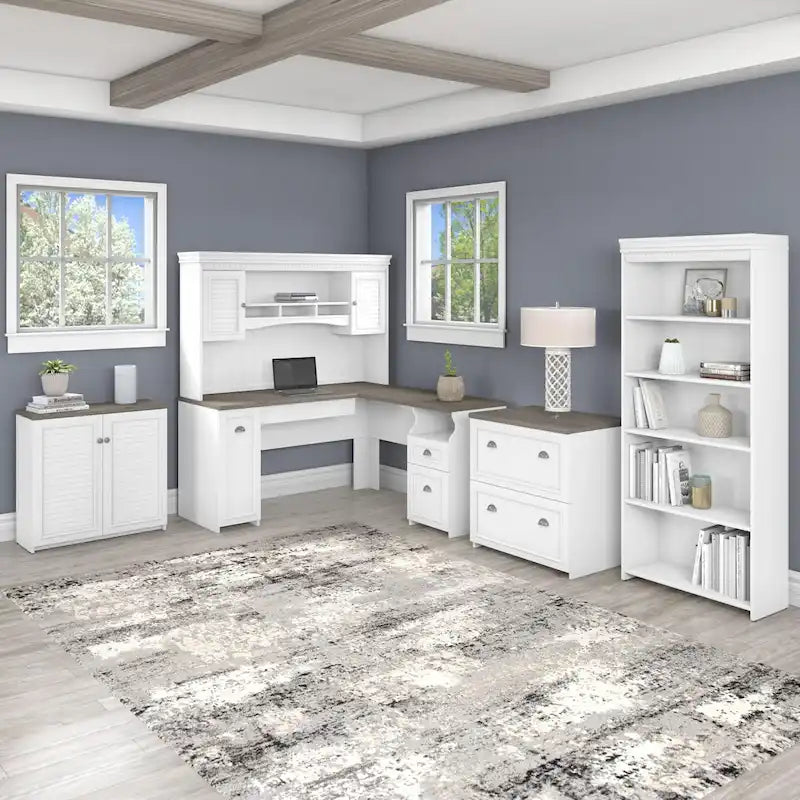 Scrivania a L multicolore con credenza e contenitore – 5 pezzi, 1 persona