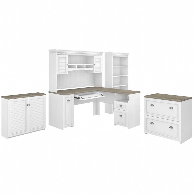 Scrivania a L multicolore con credenza e contenitore – 5 pezzi, 1 persona