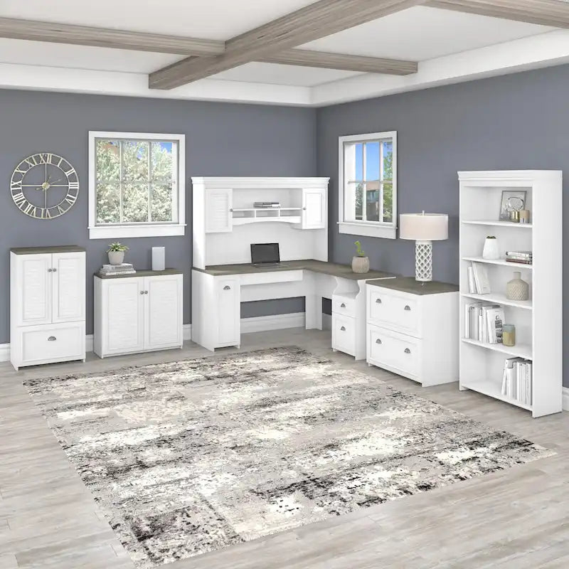 Scrivania a L multicolore con credenza e contenitore – 5 pezzi, 1 persona