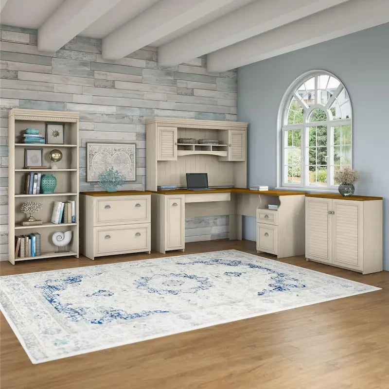 Scrivania a L multicolore con credenza e contenitore – 5 pezzi, 1 persona