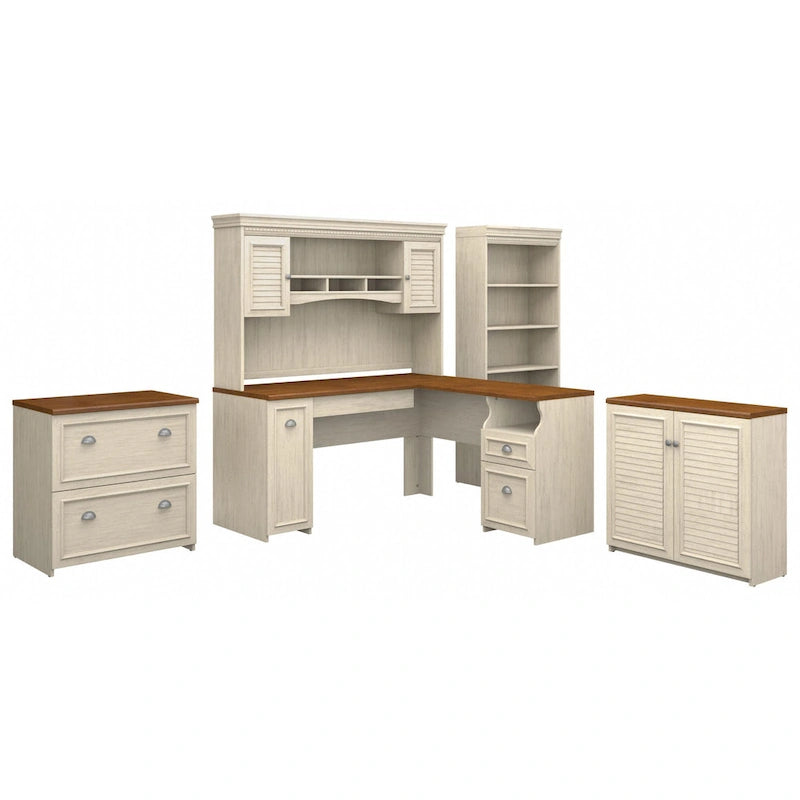 Scrivania a L multicolore con credenza e contenitore – 5 pezzi, 1 persona