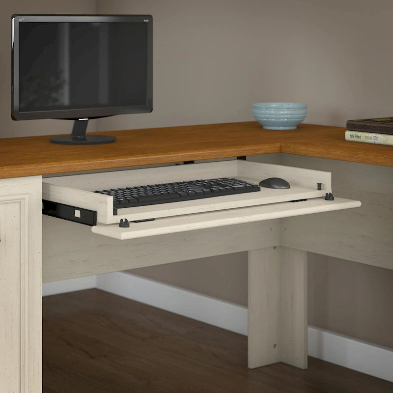 Scrivania a L multicolore con credenza e contenitore – 5 pezzi, 1 persona