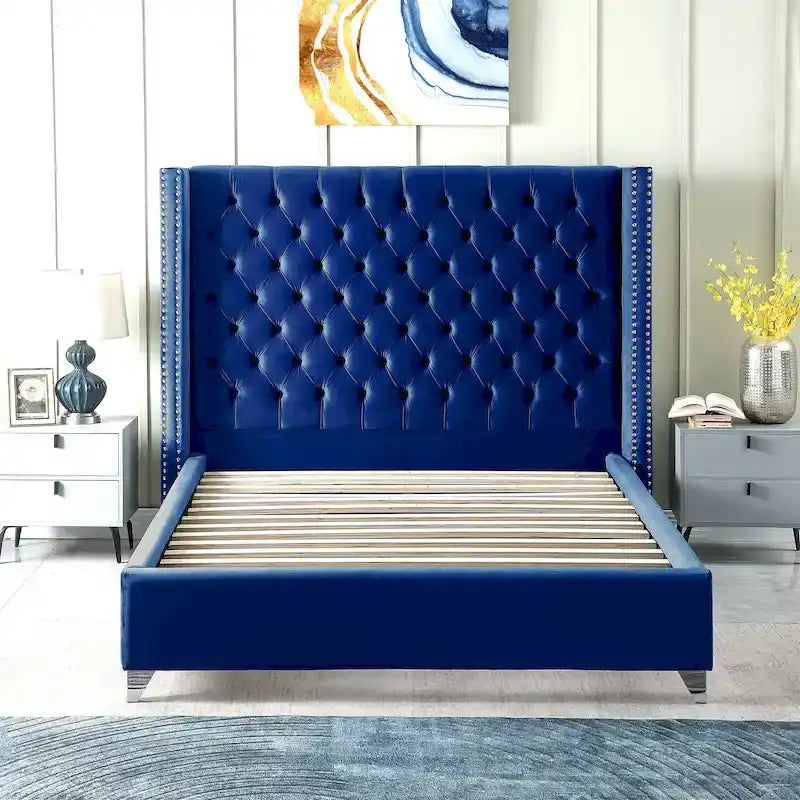Letto matrimoniale king-size imbottito in velluto, testiera con ali laterali, 1 persona
