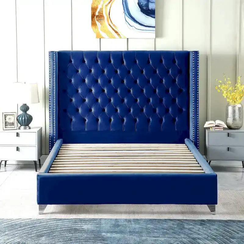 Letto matrimoniale king-size imbottito in velluto, testiera con ali laterali, 1 persona