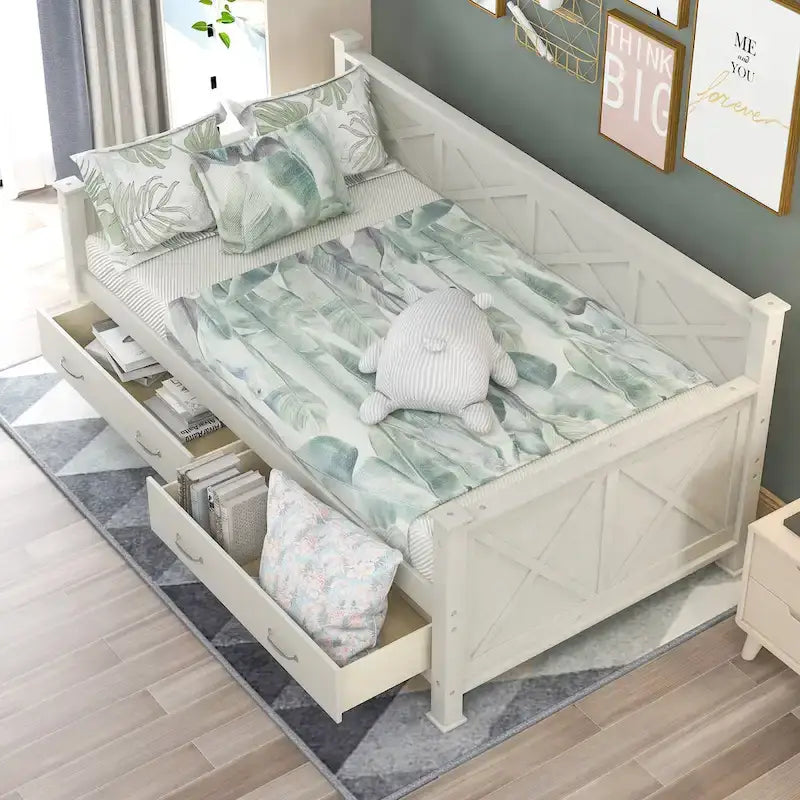 Letto a Giorno Rustico con Struttura a X Bianco Crema con Cassetti, Singolo, 1 Persona