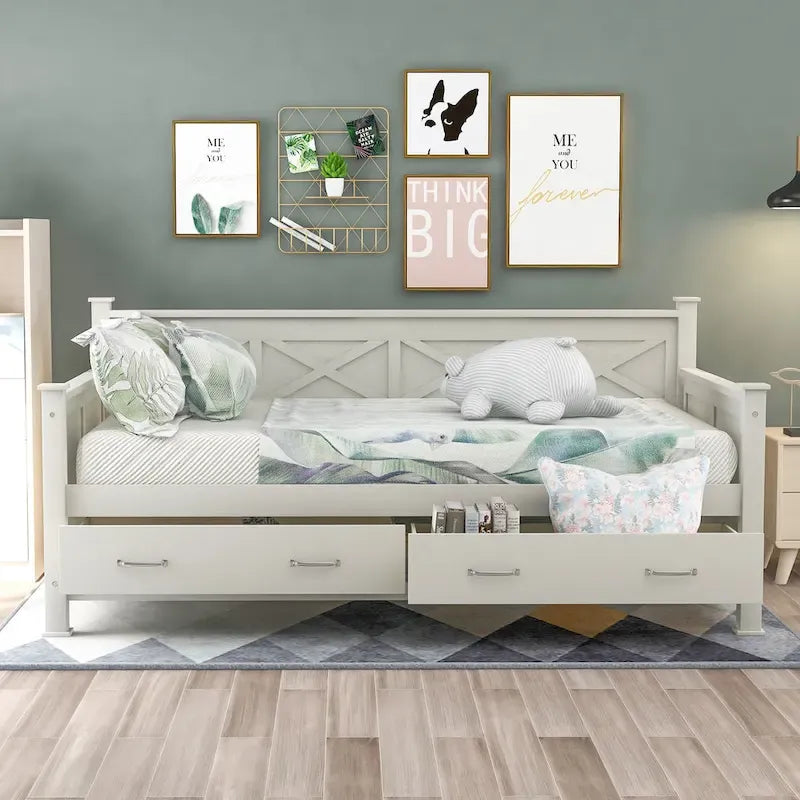 Letto a Giorno Rustico con Struttura a X Bianco Crema con Cassetti, Singolo, 1 Persona