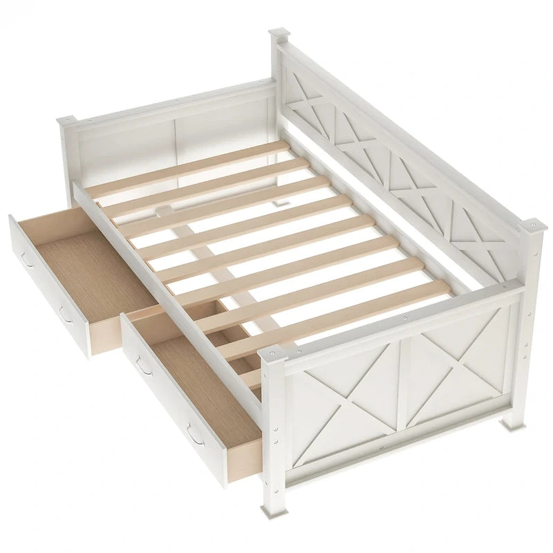 Letto a Giorno Rustico con Struttura a X Bianco Crema con Cassetti, Singolo, 1 Persona