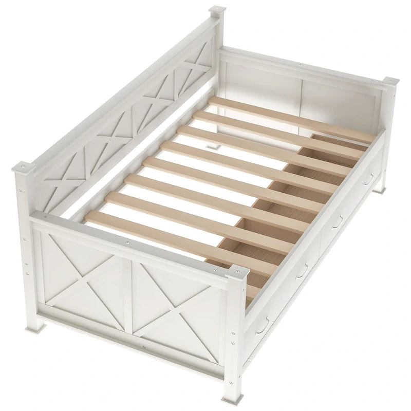 Letto a Giorno Rustico con Struttura a X Bianco Crema con Cassetti, Singolo, 1 Persona