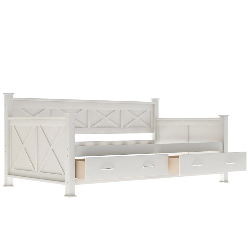 Letto a Giorno Rustico con Struttura a X Bianco Crema con Cassetti, Singolo, 1 Persona