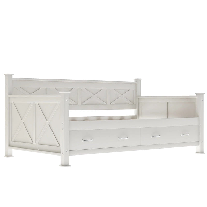 Letto a Giorno Rustico con Struttura a X Bianco Crema con Cassetti, Singolo, 1 Persona