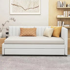 Divano Letto in Lino Beige Semichiuso con Letto Estraibile, 2 Posti