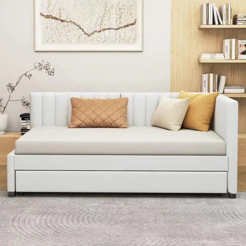 Divano Letto in Lino Beige Semichiuso con Letto Estraibile, 2 Posti