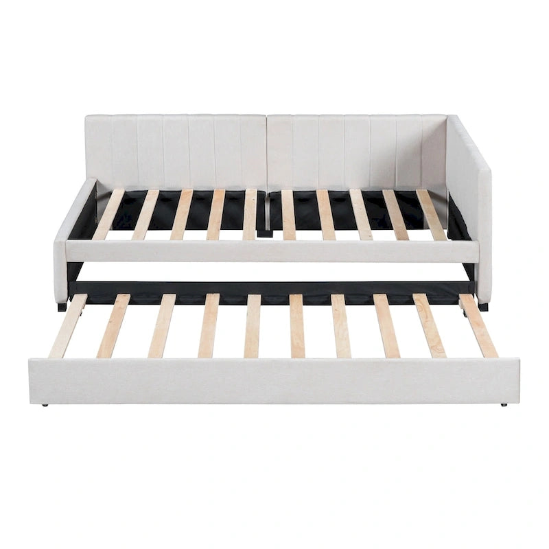 Divano Letto in Lino Beige Semichiuso con Letto Estraibile, 2 Posti