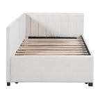 Divano Letto in Lino Beige Semichiuso con Letto Estraibile, 2 Posti