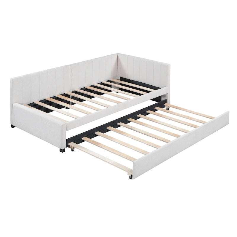 Divano Letto in Lino Beige Semichiuso con Letto Estraibile, 2 Posti