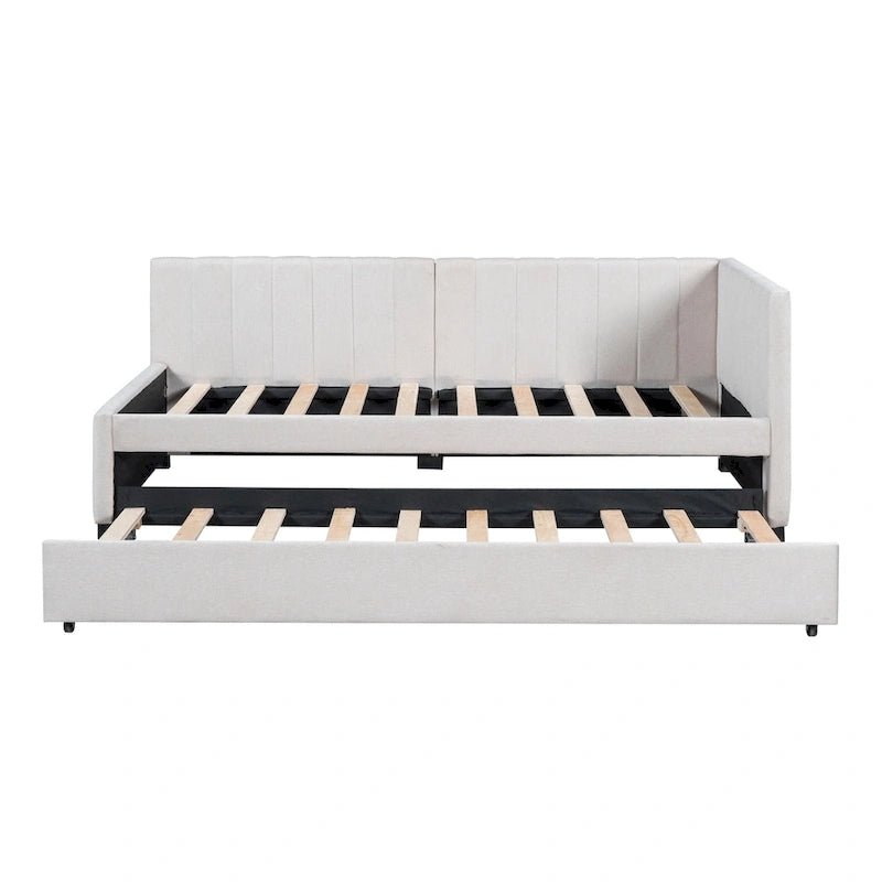 Divano Letto in Lino Beige Semichiuso con Letto Estraibile, 2 Posti
